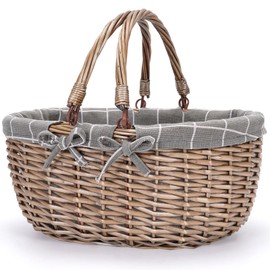 G GOOD GAIN Oval Picnic Basket with Folding Handles, Willow Hand Woven Shopping Basket, Bath Toy Kids Toy Storage Gift Packing Basket, Wicker Empty Easter Eggs and Candy Small Gift Basket.GreyCheck