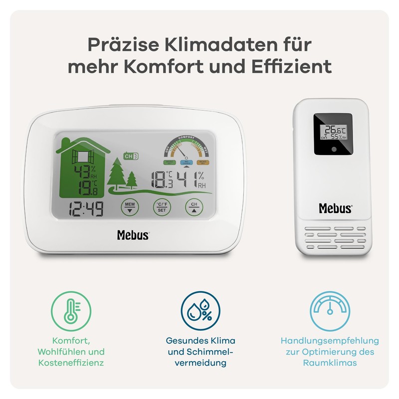 MEBUS Radio Controlled Weather Station with Outdoor Sensor, Thermometer/Hygrometer (Indoor/Outdoor),