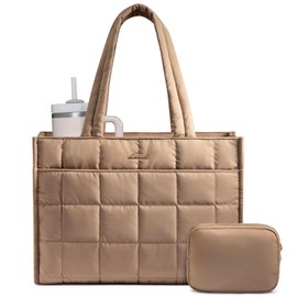LOVEVOOK Tote Bag for Women, Puffer Work Handbag 15.6 Inch Laptop Purse for Nurse Teacher, Large Quilted Travel Tote Shoulder Bag with Zipper for College Office Clinical Gym, Khaki