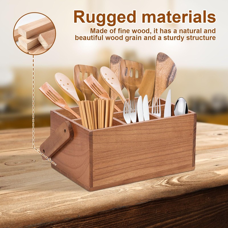 DJAPWPX Wood Silverware Caddy with Handle, 4 Compartments Utensil Holder,
