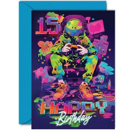 15th Birthday Cards for Girls Boys - Video Gamer Game - Happy 15 Birthday Card for Son Daughter Nephew Niece Grandson, 5x7 Inch Fifteen Fifteenth Bday Greeting Cards
