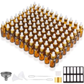 PrettyCare PrettyCare Eye Dropper Bottle 1 oz (99 Pack Amber Glass Bottles 30ml with Golden Caps, Extra Plastic Measured Pipettes, Labels, Funnel) Empty Tincture Bottles for Essential Oils