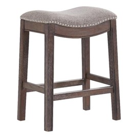 Williston Counter Height Stool, Dark Brown, Solid Rubberwood Frame with Gray Linen-Like Upholstered Seat, Silver Nailhead Accents, Footrest with Metal Kick Plate