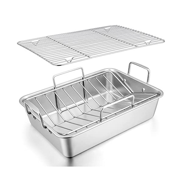 LIANYU Roasting Pan with Rack, 15 Inch Stainless Steel Turkey