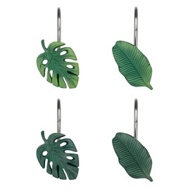 Juego de 12 ganchos decorativos para cortina de ducha de hojas tropicales, anillos de cortina de ducha botánica verde, resina, hojas de Monstera Deliciosa Strelitzia Reginae, ganchos para cortina de