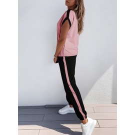 Dokotoo 2 Piece Sets For Women Summer Outfits Sweatsuit Colorblock Comfy Lounge Sets Short Sleeve Jogger Matching Sets Women Clothing Pajama Sets Womens Fashion Trendy 2025