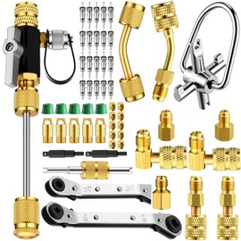 Tujoe HVAC Valve Core Remover Tool and HVAC Service Wrench Set with 1/4 & 5/16 SAE Port, 4-in-1 Locking Key, 1/4" 3/8" 3/16" 5/16" Wrench, Hex Adapter, Valve Core for R410a R32 Mini Split Ac Repair