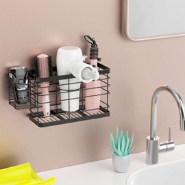 Vecallo Hair Tool Organizer - Black Steel Wall Mounted Hair Dryer Holder with Removable Basket, 10.62"L x 4.33"W x 6.69"H, Ideal for Small Bathrooms