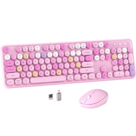 MPTOG Colorful Wireless Computer Keyboard and Mouse Combo with Round Typewriter Keycaps, Retro Design, Power Switch, Ergonomic Design, 2.4GHz Wireless for Windows, Mac, PC(Pink-Colorful)