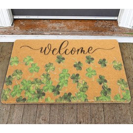 Bawnhaw Lucky Clover Welcome Door Mat Outside Entrance, Faux-Coir Green Shamrock Thin Doormat, St. Patricks Day Decoration Outdoor Porch-Rug 17"X30" Non-Slip Dirt-Trapping for Home Garden Farm Spring Decor