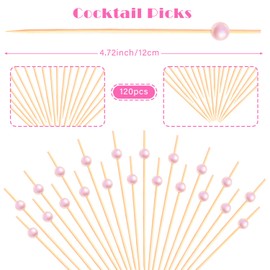 Crafterlife 120pcs Pink Pearl Cocktail Picks Fancy Long Toothpick Stick Skewers, 4.7 Inch, Disposable, Made of Natural Bamboo, for Appetizer Charcuterie Fruit Drinks Sandwich Dessert Food Garnishing