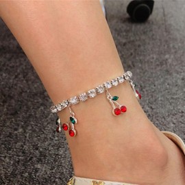Wendalern Tennis Anklet Gold Rhinestone Chain Tennis Anklet Petite Crystal Cherry Anklet Boho Diamond Fruit Pendant Anklet Beach Wedding Foot Jewellery for Women Girls