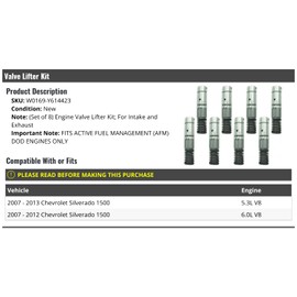Engine Valve Lifter Kit - 8 Piece - Intake and Exhaust - Compatible with 2007-2013 Chevy Silverado 1500 5.3L 6.0L V8 with AFM DOD Engines Only