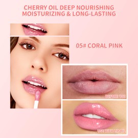 Yanqina Hydrating Lip Glow Oil - Tinted Plumping Lip Gloss Long-Lasting Moisturizing Cherry Oil Lip Stain Transparent Nourishing Lip Care (Coral Pink)