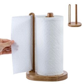 MyGift Premium Acacia Solid Wood Countertop Paper Towel Roll Stand with Easy-Tear Dispenser, Wooden Farmhouse Table Standing Holder for Disposable Kitchen Towels