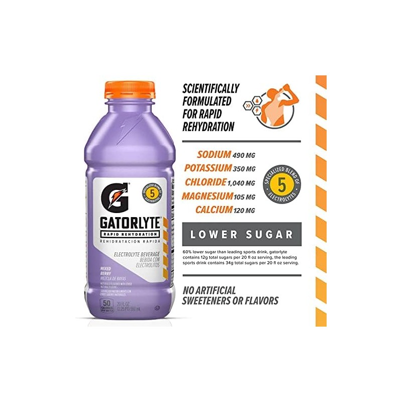 Gatorade Rapid Rehydration Electrolyte Beverage, Mixed Berry, 20oz Bottles (12