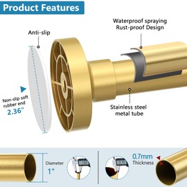 Bonpally Shower Curtain Rod 32-75 Inches Adjustable, Non-Slip Spring Tension Shower Rod Stainless Steel for Bathroom, No Drilling, Gold