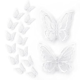 16pcs Butterfly Lace Trim, Lace Butterfly Applique Patches,Double Layers Organza Butterfly Lace Fabric Embroidery Sewing Lace DIY for Wedding Bride Hair Dress Hat Accessories(White)