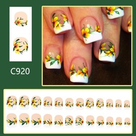 White French Tip Press on Nails Short Square False Nails - Yellow Flower Design Glossy Nude Fake Nails Spring Glue on Nail Full Cover Reusable Summer Stick on Nail for Women Girls Manicure 24Pcs