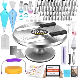 Kit de decoración de pasteles de 250 piezas con plato giratorio de metal de aluminio, soporte giratorio y juego de cuchillos, 48 ​​puntas de glaseado numeradas, 3 boquillas rusas, espátula recta y en ángulo, nivelador de pasteles y herramientas para hornear