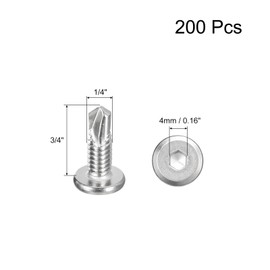 uxcell 200Pcs Hex Socket Self Tapping Screws, 1/4" x 3/4" 410 Stainless Steel Flat Head Sheet Metal Drilling Screws, Silver
