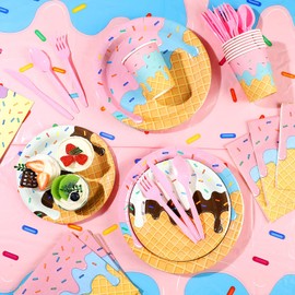 Domensi 214 Pcs Ice Cream Party Supplies for 30 Guests Includes Ice Cream Banner, Plates, Napkins, Cups, Tablecloths, Knives, Forks, Spoons for Birthday Baby Shower Party Tableware Decoration