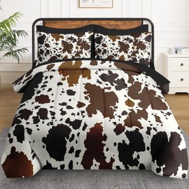WeCozy 7 Pcs Full Size Comforter Set with 2 Pillowcases & 2 Shams, Brown Cow Cowhide Print Bedding for Kids and Adults, Vintage Western Farmhouse Bed in a Bag with Flat Fitted Sheet