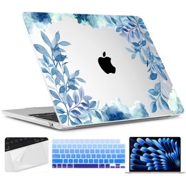 TWOLSKOO Compatible with M4 MacBook Air 15 inch Case 2025-2023 Released Model M4 A3241 M3 A3114 M2 A2941, Plastic Hard Shell & Screen Protector & Keyboard Cover & Trackpad Film, Blue Floral