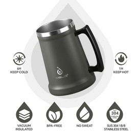 Ideus Insulated Beer Stein, 24/32oz Stainless Steel Double Walled Beer Mug Giant Bar Drinkware Metal Beer Cup with Big Grip Handle (Grey, 24oz (710ml))