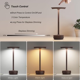 TBBGA 2 Pack Rechargeable Cordless Table Lamps, 5000mAh Portable Battery Table Light, 3 Color Stepless Dimming LED Table Light with Memory Function, for Outdoor/Home/Patio/Restaurant.(Rust)