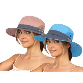 Sun Hat for Women Summer UV Protection Beach Hat Wide Brim Mesh Bucket Fishing Hat with Ponytail Hole Foldable Packable Hat, Blue+pink, Medium