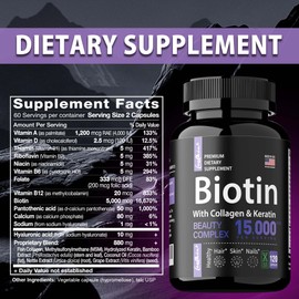 뷰티 컴플렉스 UK 콜라겐 함유 비오틴(케라틴 15 000mcg) 60캡슐, 120정, 3박스 Beauty Complex UK Collagen with Biotin (Keratin 15,000mcg) 60 Capsules, 120 Tablets, 3 Boxes