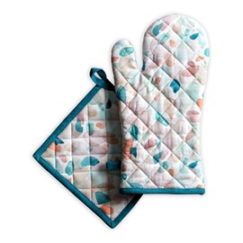 Maison d' Hermine Oven Mitt + Pot Holder 100% Cotton Heat Resistant Kitchen Easter Oven Mitts (19cm x 33cm) & Pot Holders (20cm x 20cm) for Chef, Women & Men, Wedding, Summer Picnic - Spring/Summer