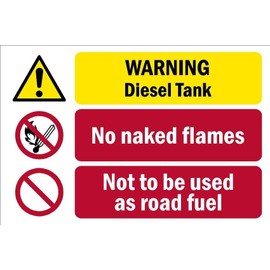 Warning, diesel tank, no naked flames, not to be used as road fuel, safety sign - 3mm Aluminium sign (300mm x 200mm)