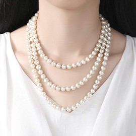 Yuccer Long Pearl Necklace, 1920s Fashion Faux Flapper Pearls Necklace String of Pearls Beads Necklace Costume Jewelry, 59”/150cm