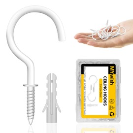 MYWISH - Paquete de 50 ganchos de rosca blancos, ganchos de gancho Q-colgadero para techo, ganchos de metal de 1-1/4 pulgadas, ganchos de tornillo para colgar al aire última intervensión tazas, luces