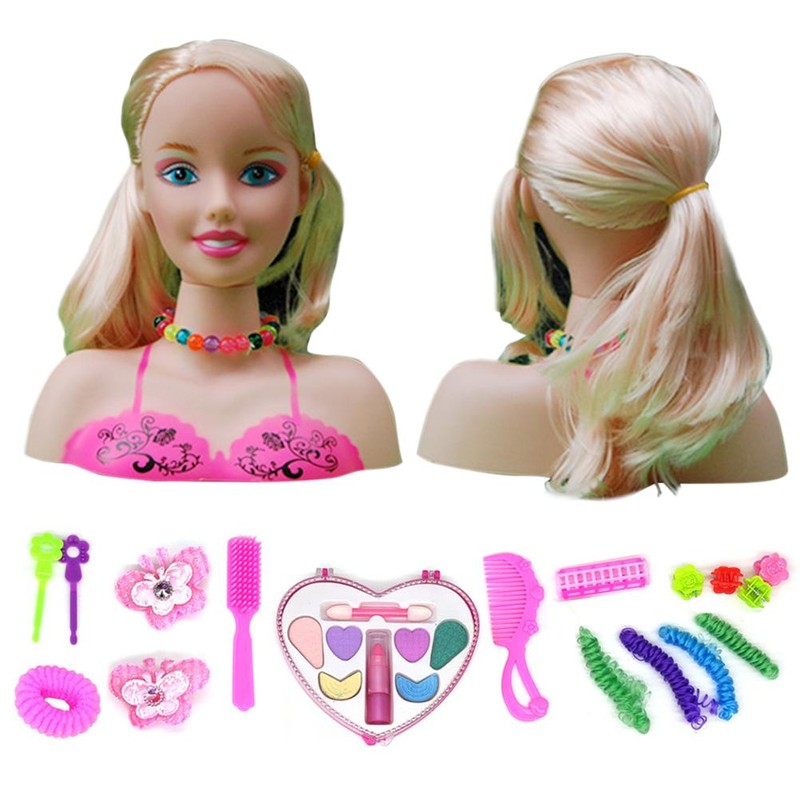 Makeup Pretend Playset for Children 17Pcs Hairdressing Styling Head Doll