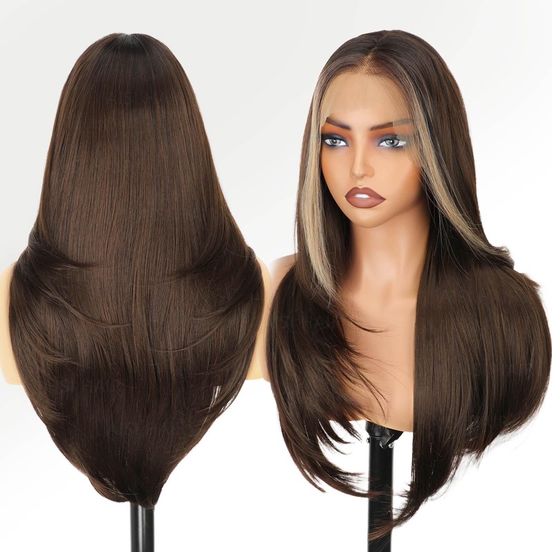13x6 Lace Front Brown Highlight Wig for Women,Layered Wig 26Inch