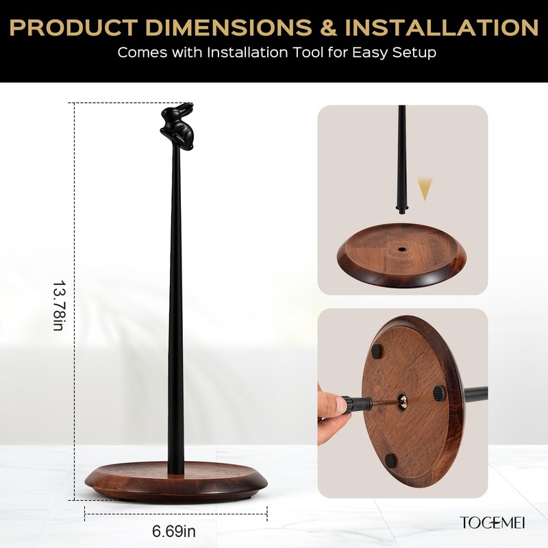 Wooden Paper Towel Holder Countertop, Cute Rabbit Design - Natural