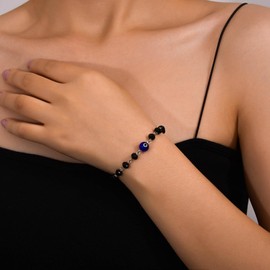 Xmsrn Vintage Devil Eye Bracelet Blue Eye Bracelet Black Onyx Hand Chain Bracelet Evil Eye Hand Chain Bracelet for Women