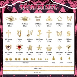 3D Alloy Gold Nail Charms Studs, Butterfly Heart Star Dollar Metal Nail Art Charms, Golden Flatback Pearls Rivet Nails Charm for Acrylic Nails Design DIY Supplies Crafts