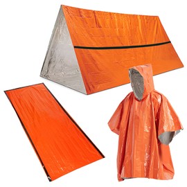 HXBER Outdoor Emergency Survival Gear Waterproof Heat Reflective Thermal Poncho Raincoat with Sleeping Bag and Tent Shelter for Camping Hiking Adventure
