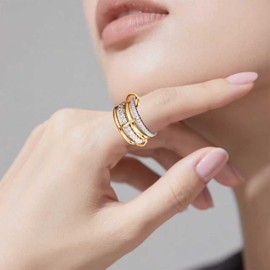 PULANTIYU Stackable Rings for Women Non Tarnish Gold Silver Mixed Metal Statement Rings with Zircon Sparkling decorations Two-Toned Connected Bands Ring Jewelry Gift (Four Rings Set, 7)