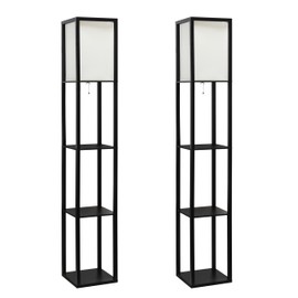 Simple Designs LF1014-BLK-2PK Three Shelf Etagere Organizer Storage Floor Lamp 2 Pack Set with White Linen Shade for Living Room, Bedroom, Office, Hallway, Black