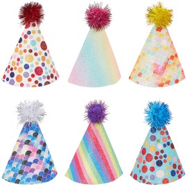 CREATCABIN 6Pcs Dog Birthday Hats Cat Birthday Hat Small Party Hats Mini Puppy Hats with Pompons Adjustable Headbands Leather Pet Hat for Kittens Rabbits Animals Friends Pet Grooming Costume 4.3x4.7in