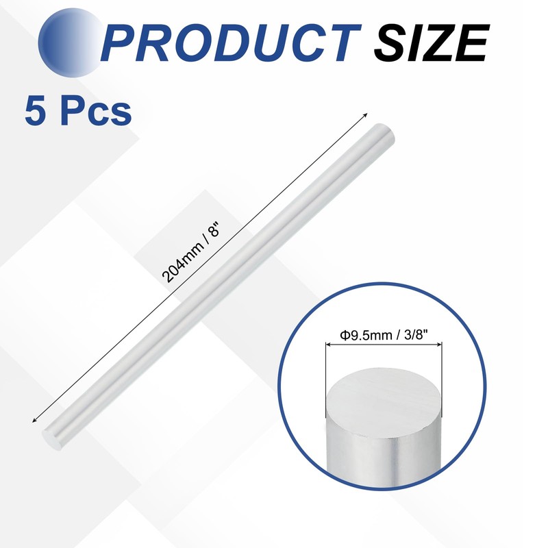 sourcing map 5pcs 3/8"(9.5mm) Diameter 6061 Aluminum Round Rods 8"(204mm)