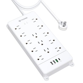 TROND Surge Protector Power Strip 10 ft, Flat Plug Long Extension Cord, 13 Wide Spaced Outlets, 4000 Joules, 32W Quick Charge 3.0 & USB C, Wall Mount, Under Desk, Heavy Duty, ETL Listed, White