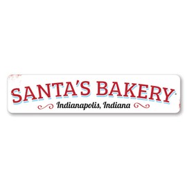 Santa's Bakery Sign, Custom City State Merry Christmas Sign, Holiday Baking Kitchen Aluminum Decor - 6" x 24"