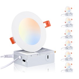 CLOUDY BAY 6 Pack 4 Inch 5CCT Ultra-Thin LED Recessed Ceiling Light with Junction Box,2700K/3000K/3500K/4000K/5000K Selectable,10W Dimmable Canless Wafer Downlight,White,650LM High Brightness