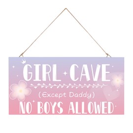 IDISON Girl Cave Sign, Hanging Bedroom Door Decoration Sign for Woodland Nursery Home Decor, No Boys Allowed Except Daddy Sign Wall Decorations, Cute Purple Wall Room Decor for Teen Girls